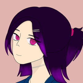 A digitally drawn icon of Niky, a pale character with dark purple hair tied half up and half down, with pink eyes and wearing a silver choker